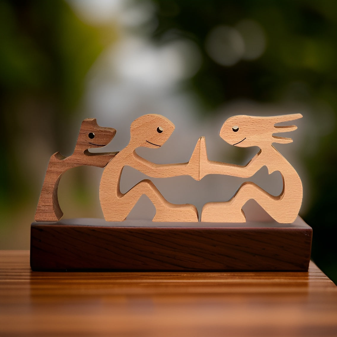Träskulptur av hund och människa handgjord figur