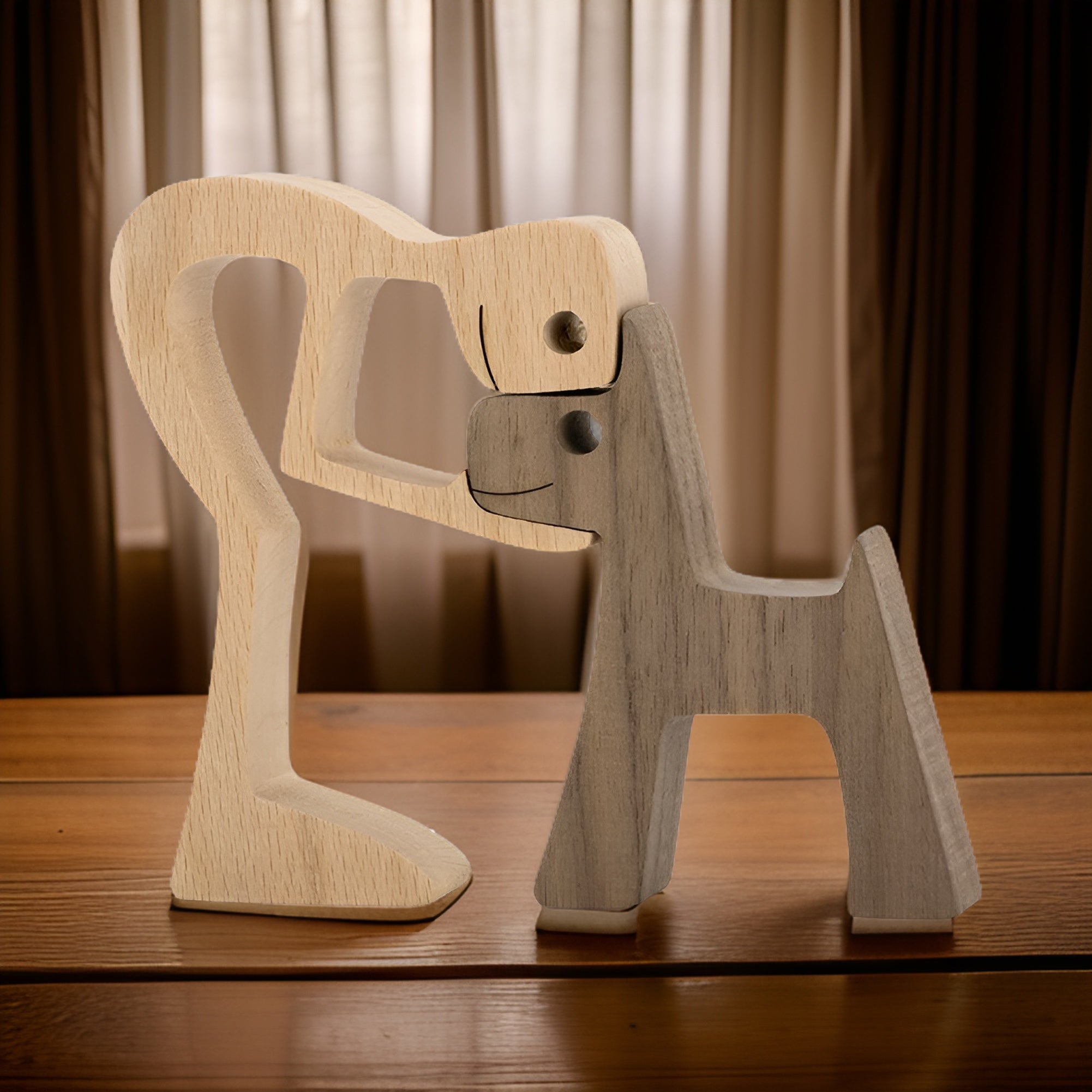 Träskulptur av hund och människa handgjord figur