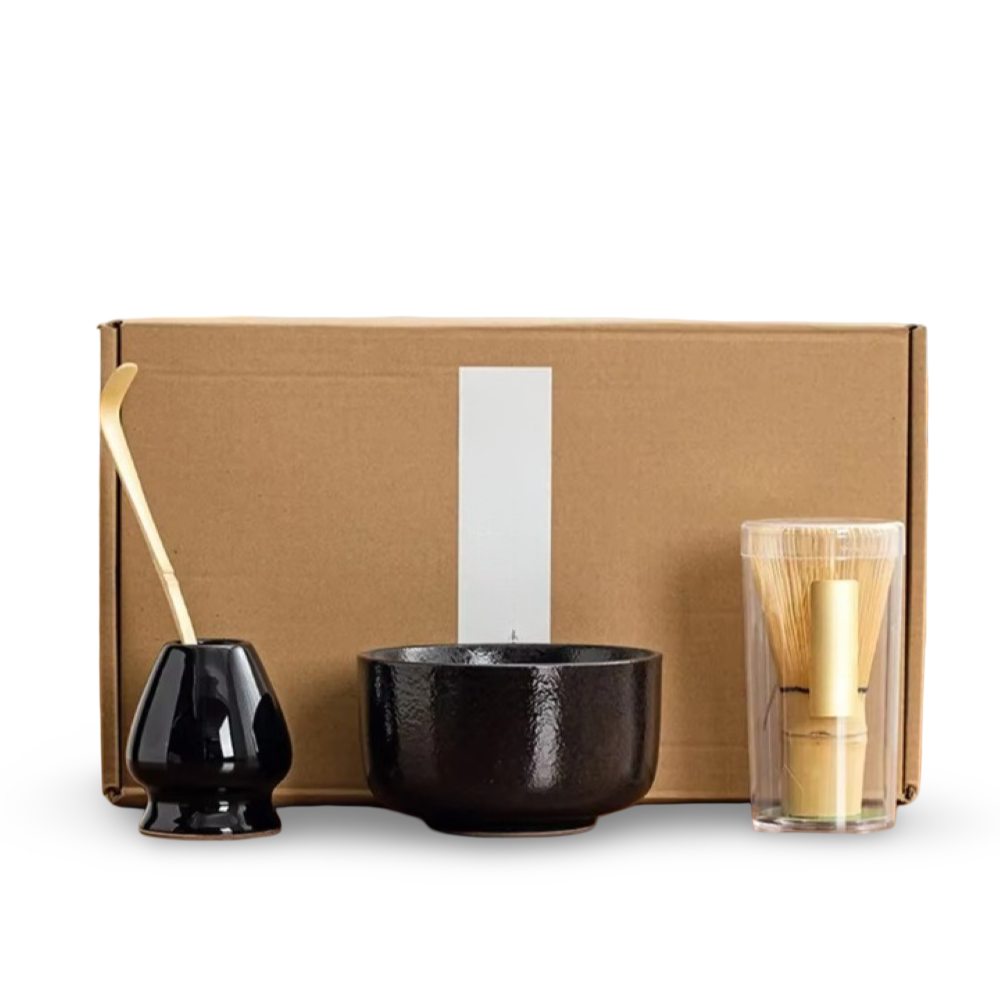 Matcha-Set 4-delar – Handgjord Keramikskål, Hållare, Bambusked (Chasen) & Bambusmatcha-sked (Chashaku)