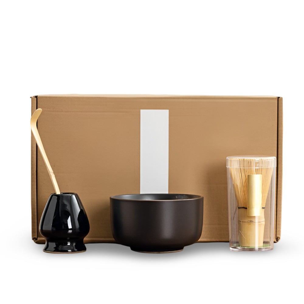 Matcha-Set 4-delar – Handgjord Keramikskål, Hållare, Bambusked (Chasen) & Bambusmatcha-sked (Chashaku)
