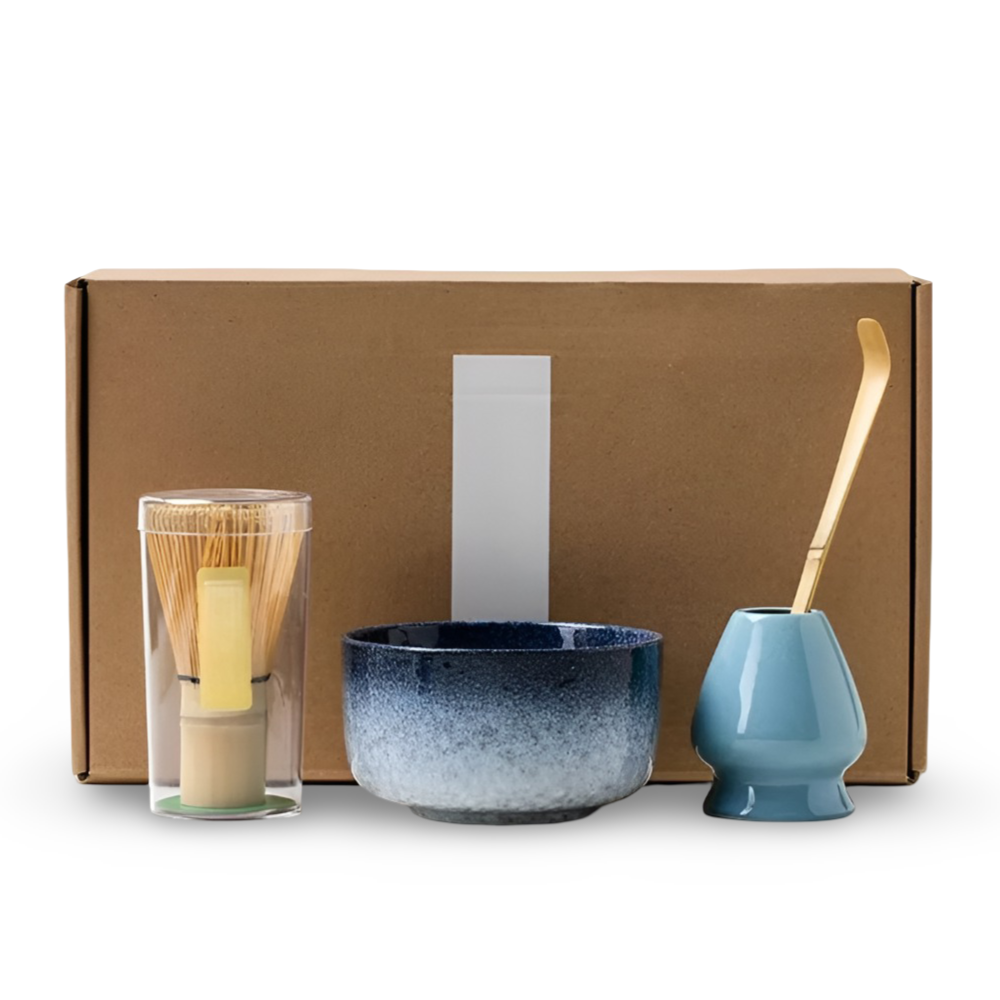 Matcha-Set 4-delar – Handgjord Keramikskål, Hållare, Bambusked (Chasen) & Bambusmatcha-sked (Chashaku)