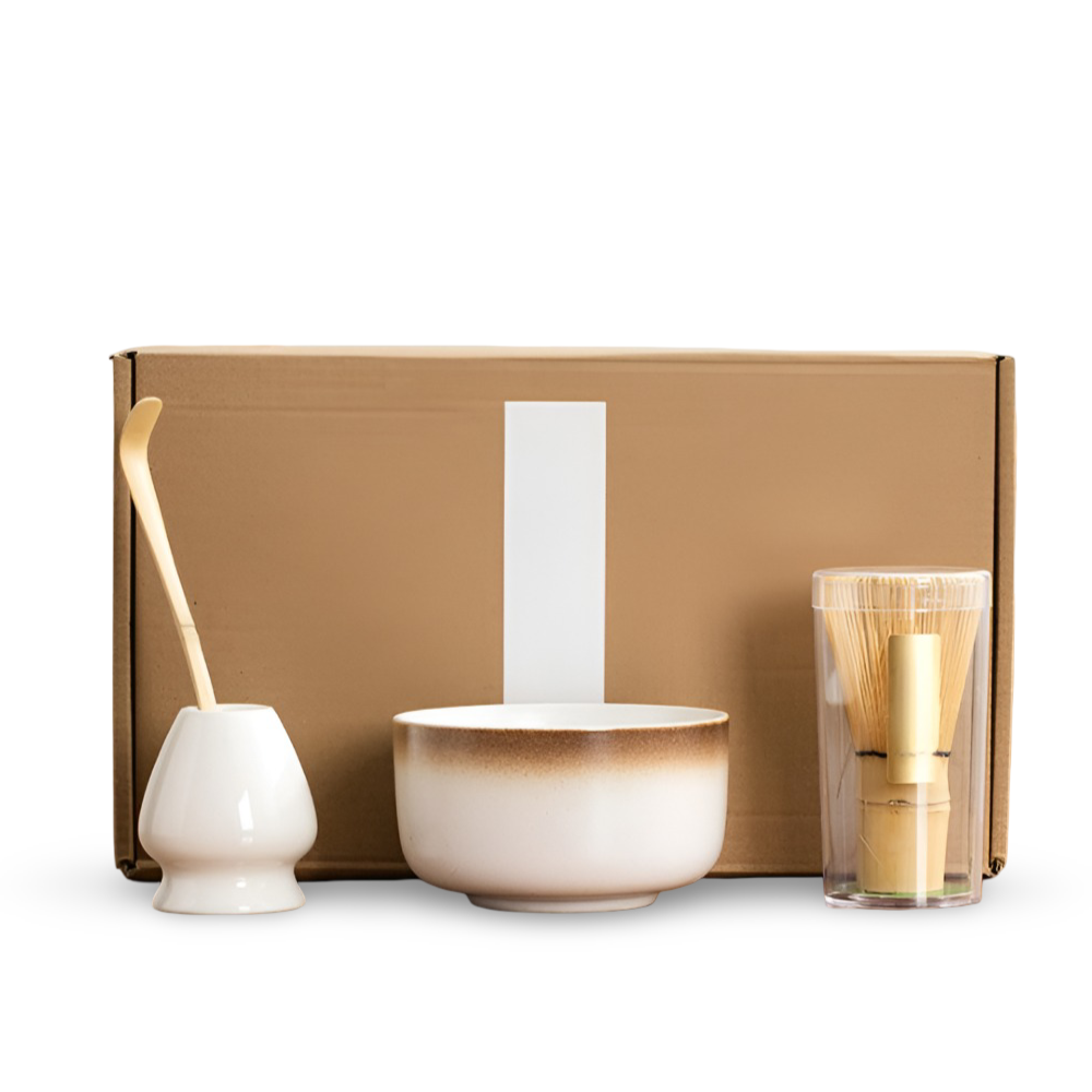 Matcha-Set 4-delar – Handgjord Keramikskål, Hållare, Bambusked (Chasen) & Bambusmatcha-sked (Chashaku)