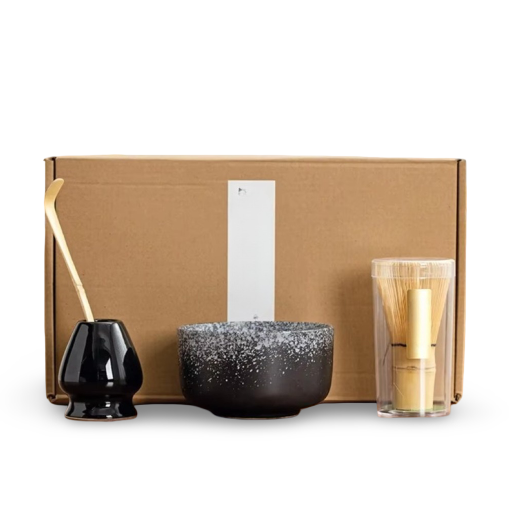 Matcha-Set 4-delar – Handgjord Keramikskål, Hållare, Bambusked (Chasen) & Bambusmatcha-sked (Chashaku)