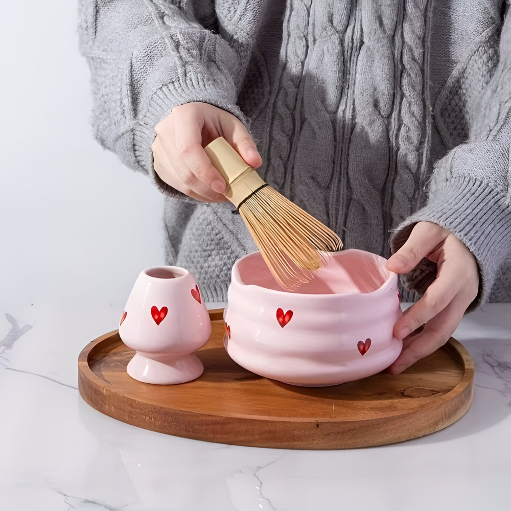 5-delat Matcha Set Rosa Hjärta – Japanskt Te-set med Skål, Bambupensel, Hållare & Sikt