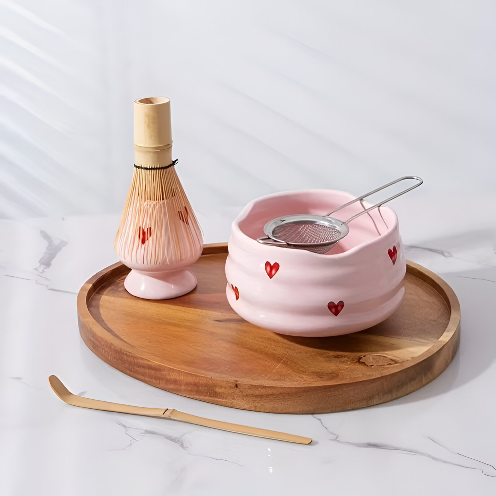 5-delat Matcha Set Rosa Hjärta – Japanskt Te-set med Skål, Bambupensel, Hållare & Sikt