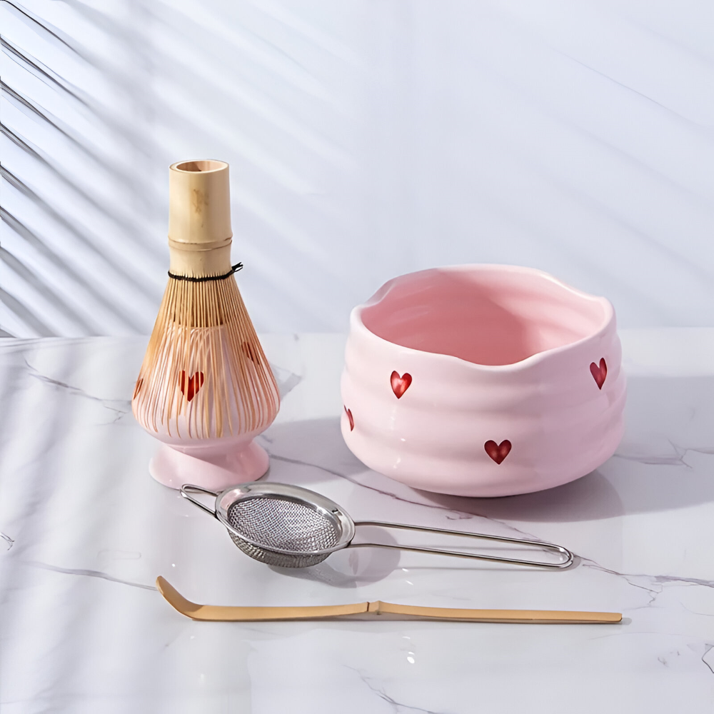 5-delat Matcha Set Rosa Hjärta – Japanskt Te-set med Skål, Bambupensel, Hållare & Sikt