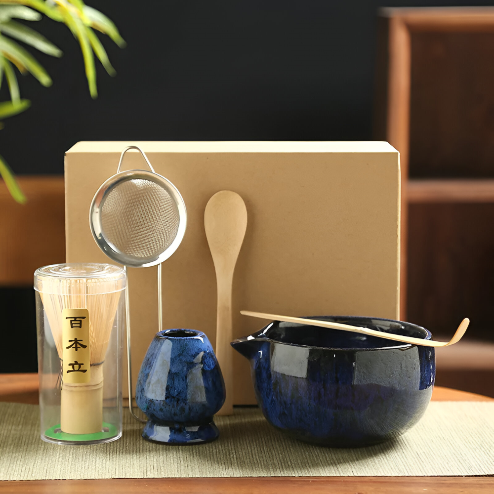 Traditionellt Japanskt Matcha Set - 6-Delar Set - Handgjord Keramikskål med Bambusverktyg