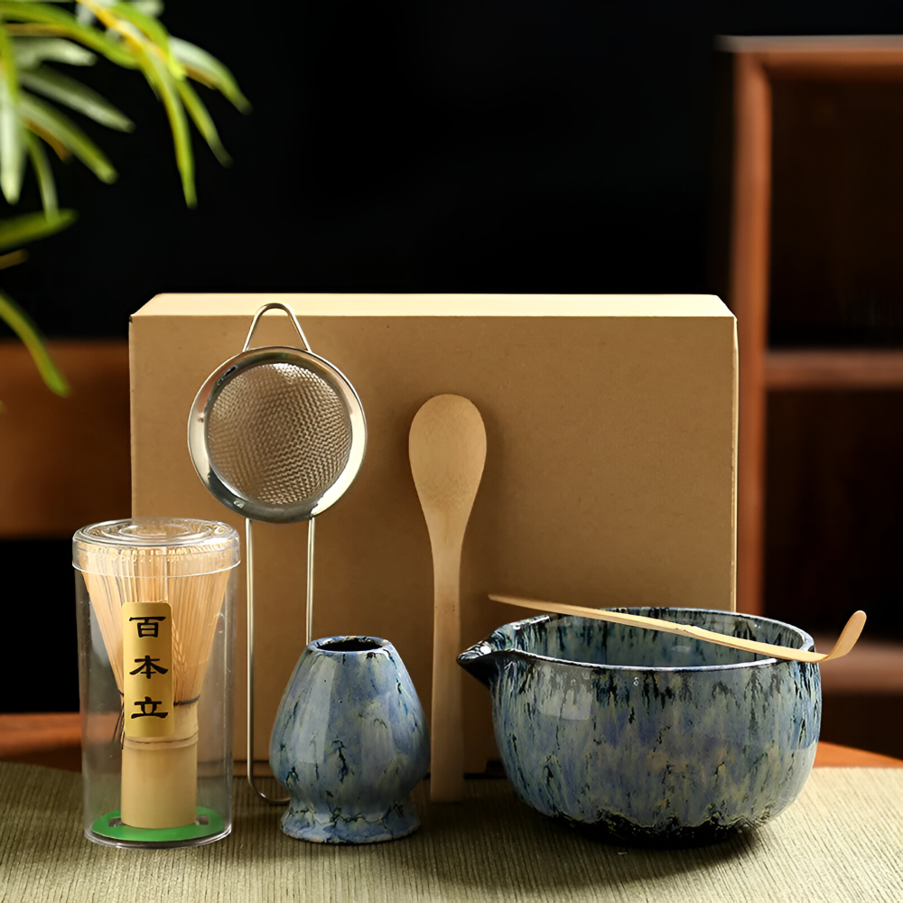 Traditionellt Japanskt Matcha Set - 6-Delar Set - Handgjord Keramikskål med Bambusverktyg