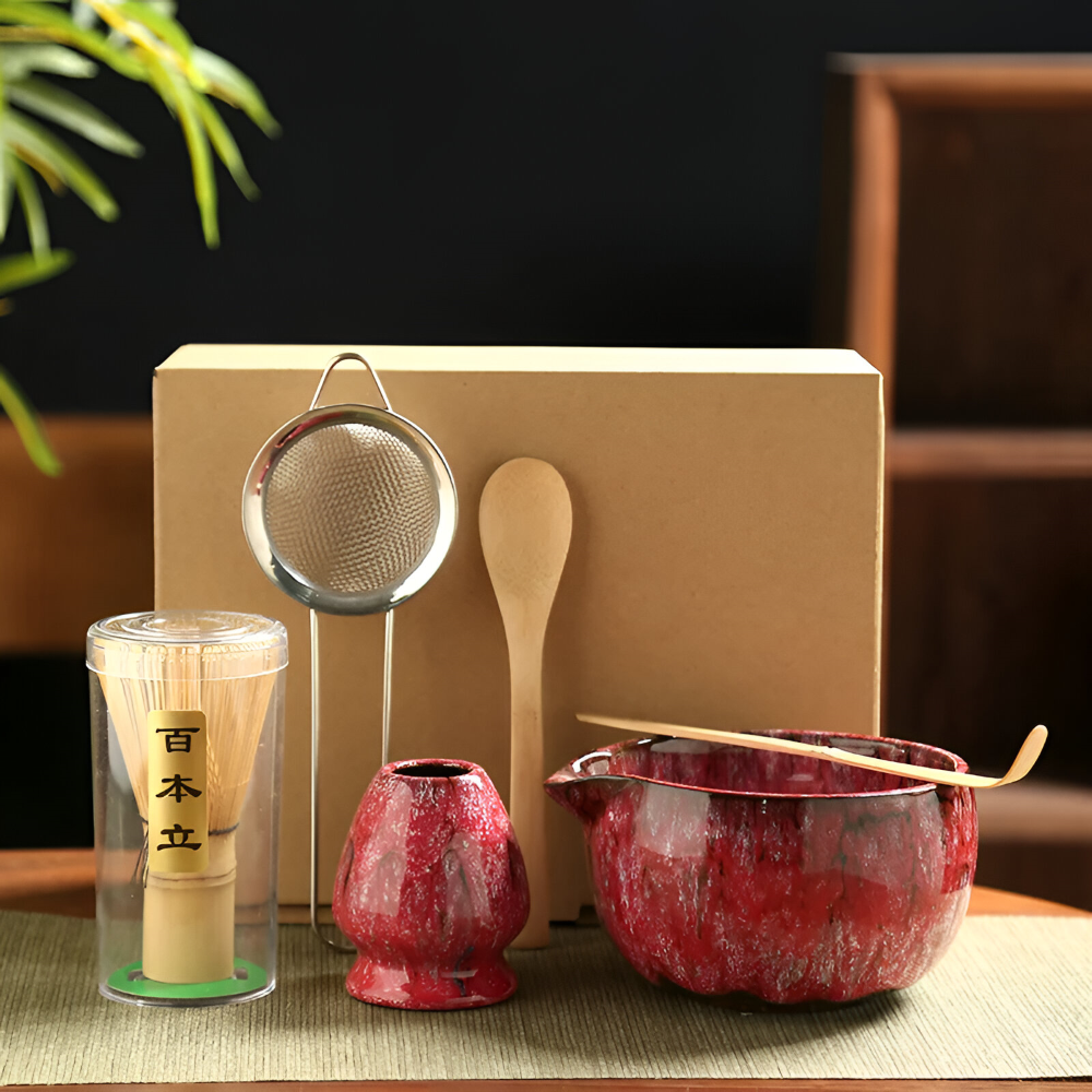 Traditionellt Japanskt Matcha Set - 6-Delar Set - Handgjord Keramikskål med Bambusverktyg