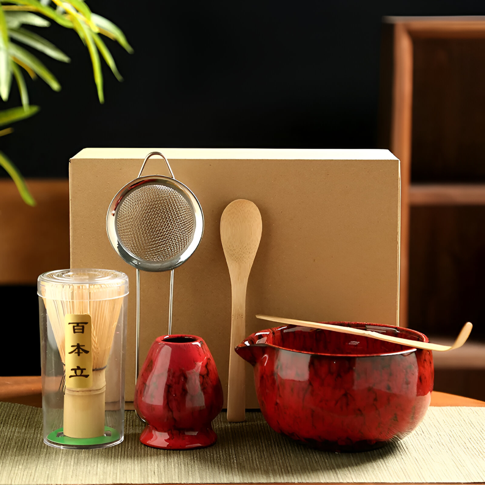 Traditionellt Japanskt Matcha Set - 6-Delar Set - Handgjord Keramikskål med Bambusverktyg