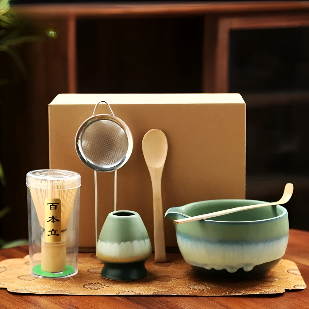 Traditionellt Japanskt Matcha Set - 6-Delar Set - Handgjord Keramikskål med Bambusverktyg