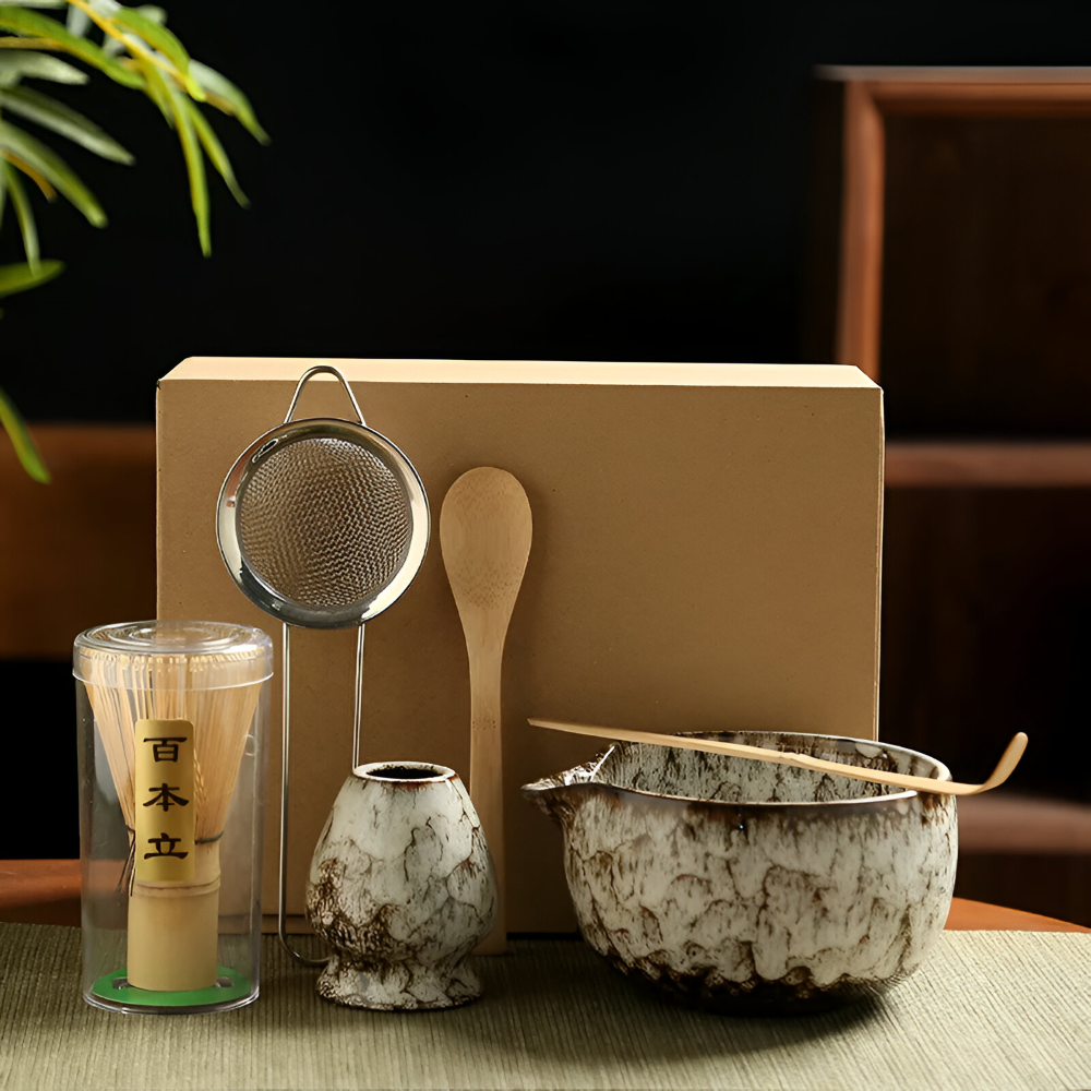 Traditionellt Japanskt Matcha Set - 6-Delar Set - Handgjord Keramikskål med Bambusverktyg