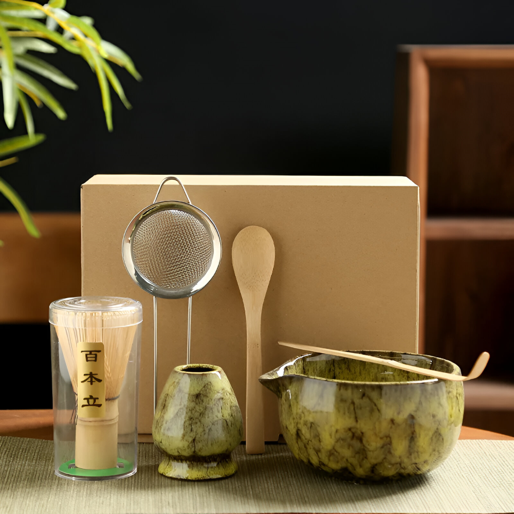 Traditionellt Japanskt Matcha Set - 6-Delar Set - Handgjord Keramikskål med Bambusverktyg