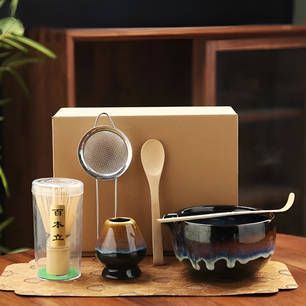 Traditionellt Japanskt Matcha Set - 6-Delar Set - Handgjord Keramikskål med Bambusverktyg