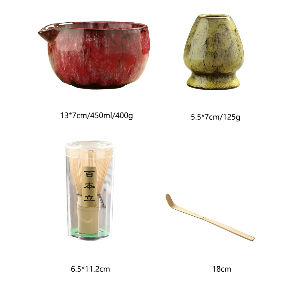 Traditionellt Japanskt Matcha Set - 6-Delar Set - Handgjord Keramikskål med Bambusverktyg