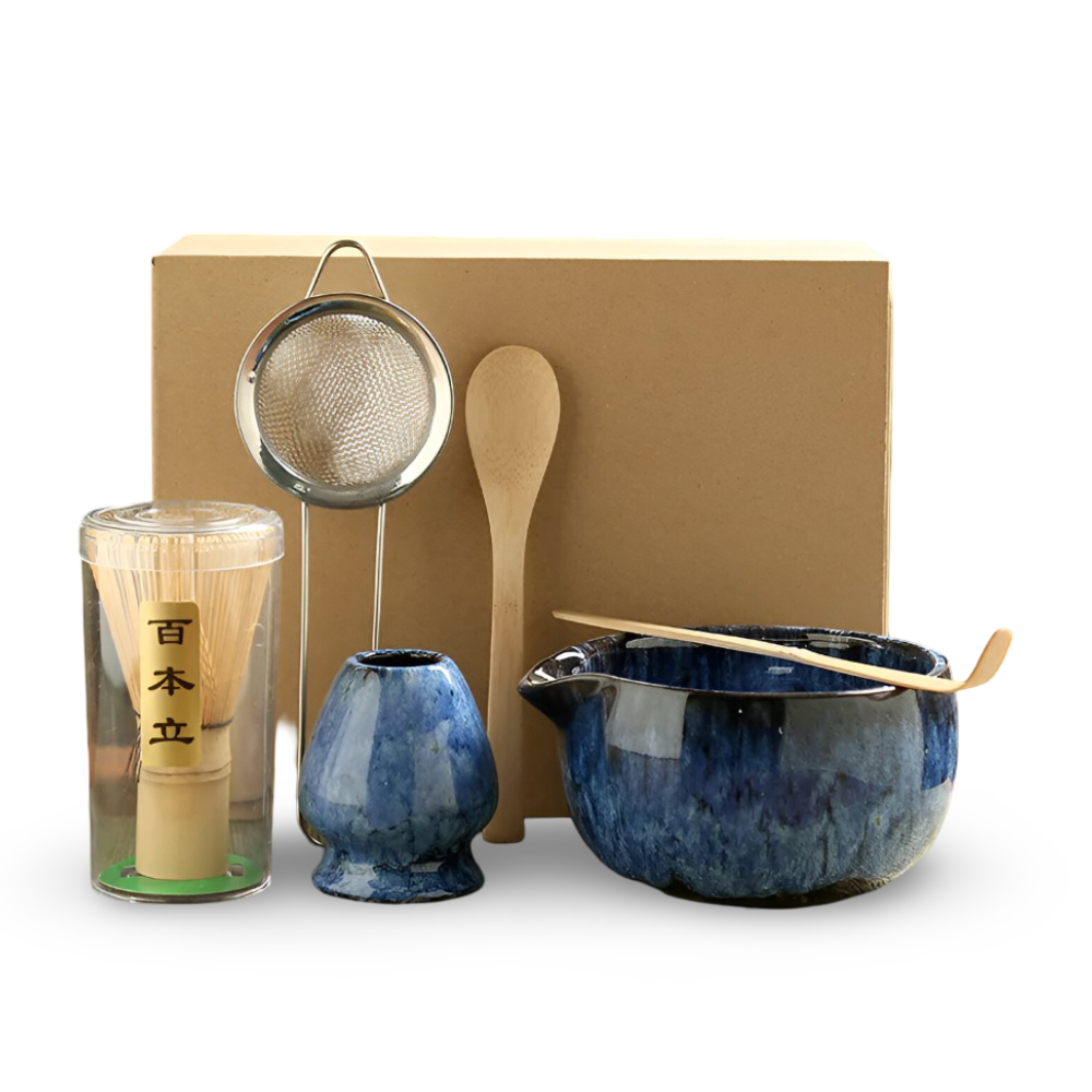 Traditionellt Japanskt Matcha Set - 6-Delar Set - Handgjord Keramikskål med Bambusverktyg
