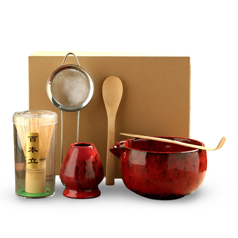 Traditionellt Japanskt Matcha Set - 6-Delar Set - Handgjord Keramikskål med Bambusverktyg