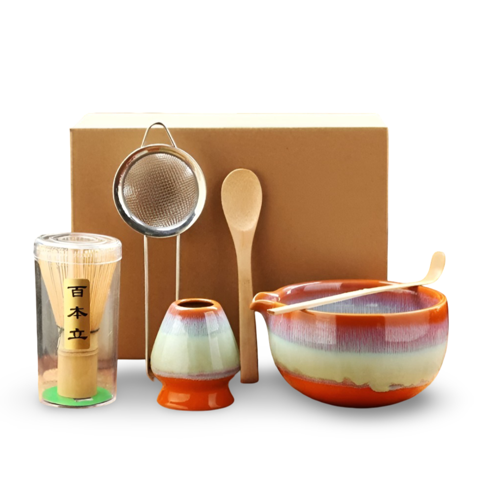 Traditionellt Japanskt Matcha Set - 6-Delar Set - Handgjord Keramikskål med Bambusverktyg