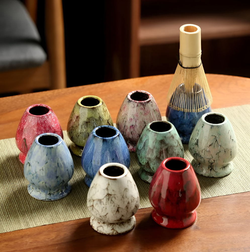 Traditionellt Japanskt Matcha Set - 6-Delar Set - Handgjord Keramikskål med Bambusverktyg