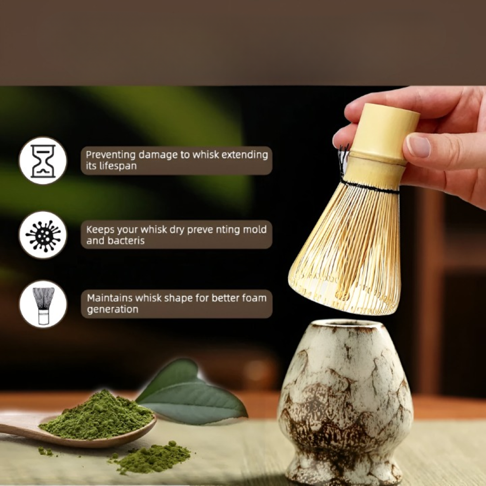 Traditionellt Japanskt Matcha Set - 6-Delar Set - Handgjord Keramikskål med Bambusverktyg