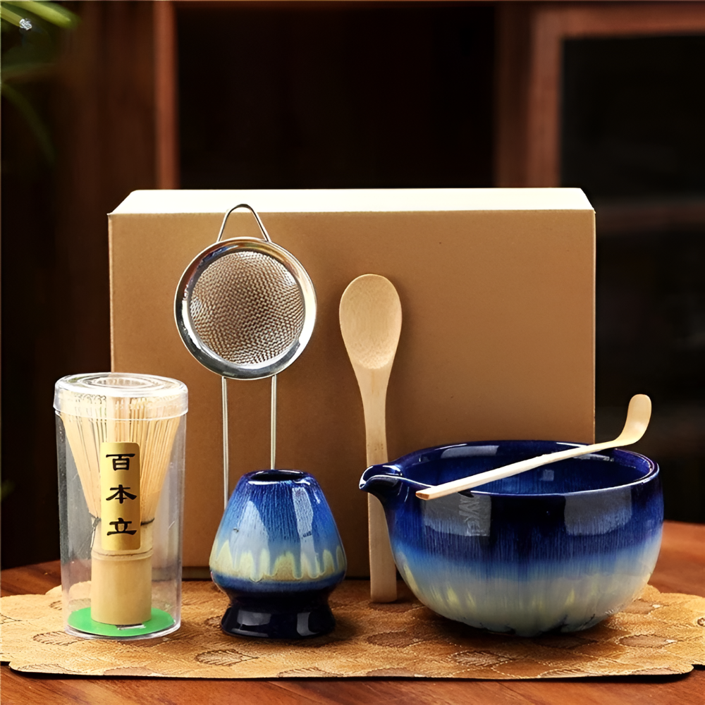Traditionellt Japanskt Matcha Set - 6-Delar Set - Handgjord Keramikskål med Bambusverktyg