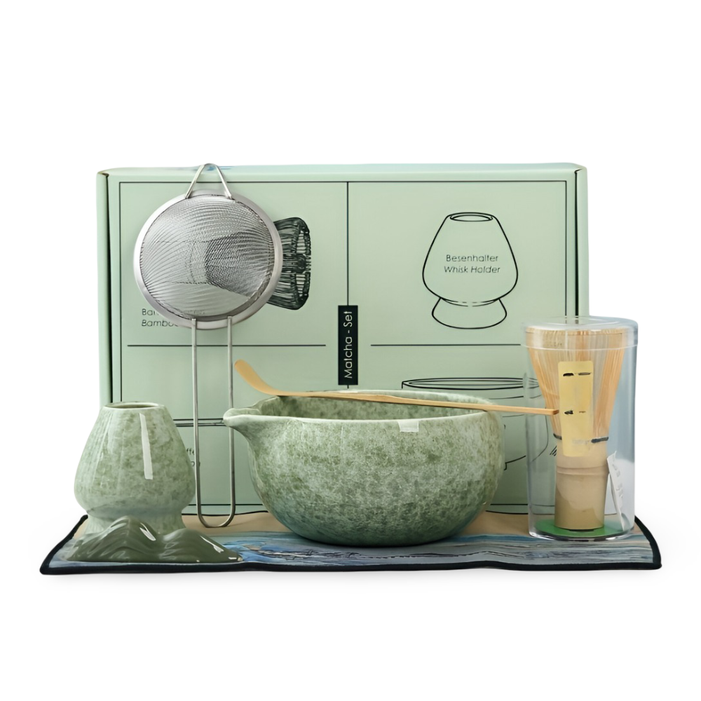 Matcha-set 7-delat med Skål (450ml) & hällpip – Japanskt Teceremoniset i Keramik & Bambu – Gåvoset