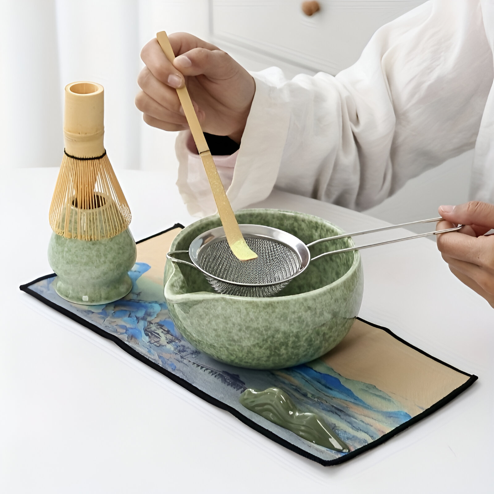 Matcha-set 7-delat med Skål (450ml) & hällpip – Japanskt Teceremoniset i Keramik & Bambu – Gåvoset