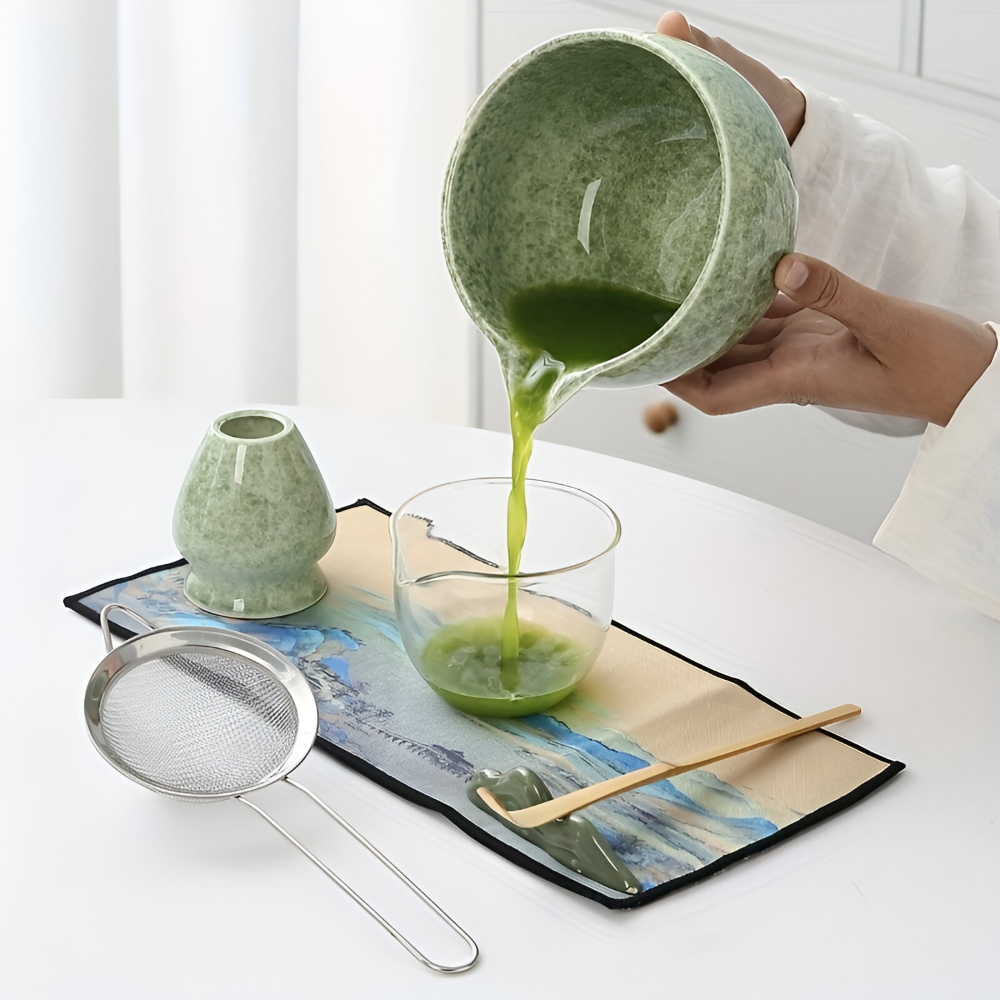 Matcha-set 7-delat med Skål (450ml) & hällpip – Japanskt Teceremoniset i Keramik & Bambu – Gåvoset