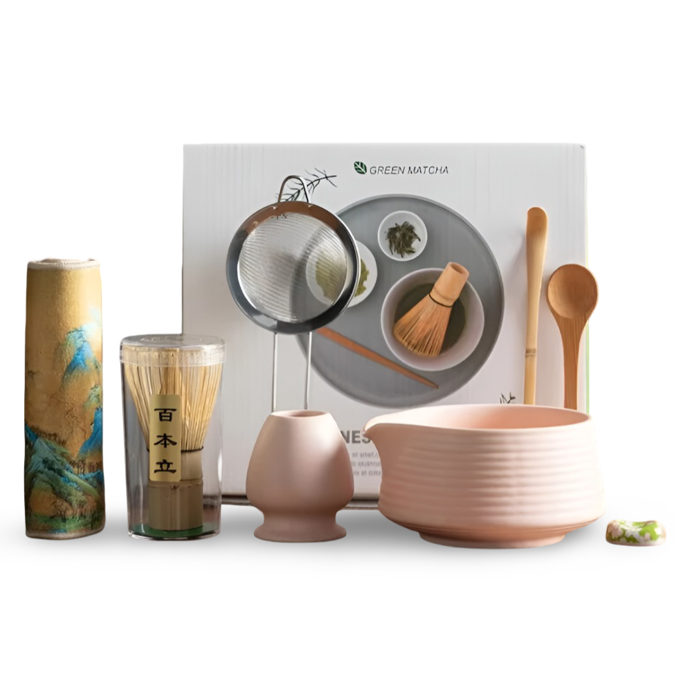 Premium Matcha Set Keramik & Bambus (8-delar) – Inkl. Skål, Visp, Sikt & Hållare