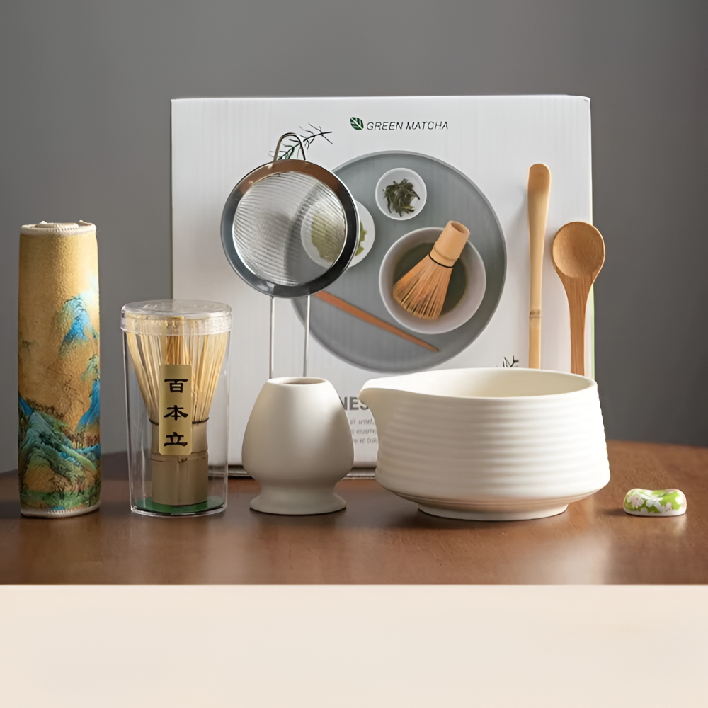 Premium Matcha Set Keramik & Bambus (8-delar) – Inkl. Skål, Visp, Sikt & Hållare