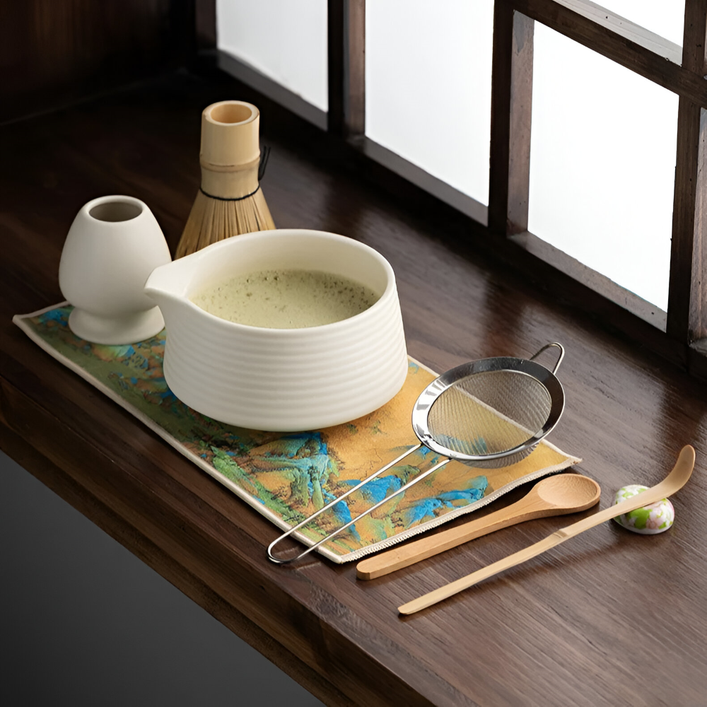 Premium Matcha Set Keramik & Bambus (8-delar) – Inkl. Skål, Visp, Sikt & Hållare