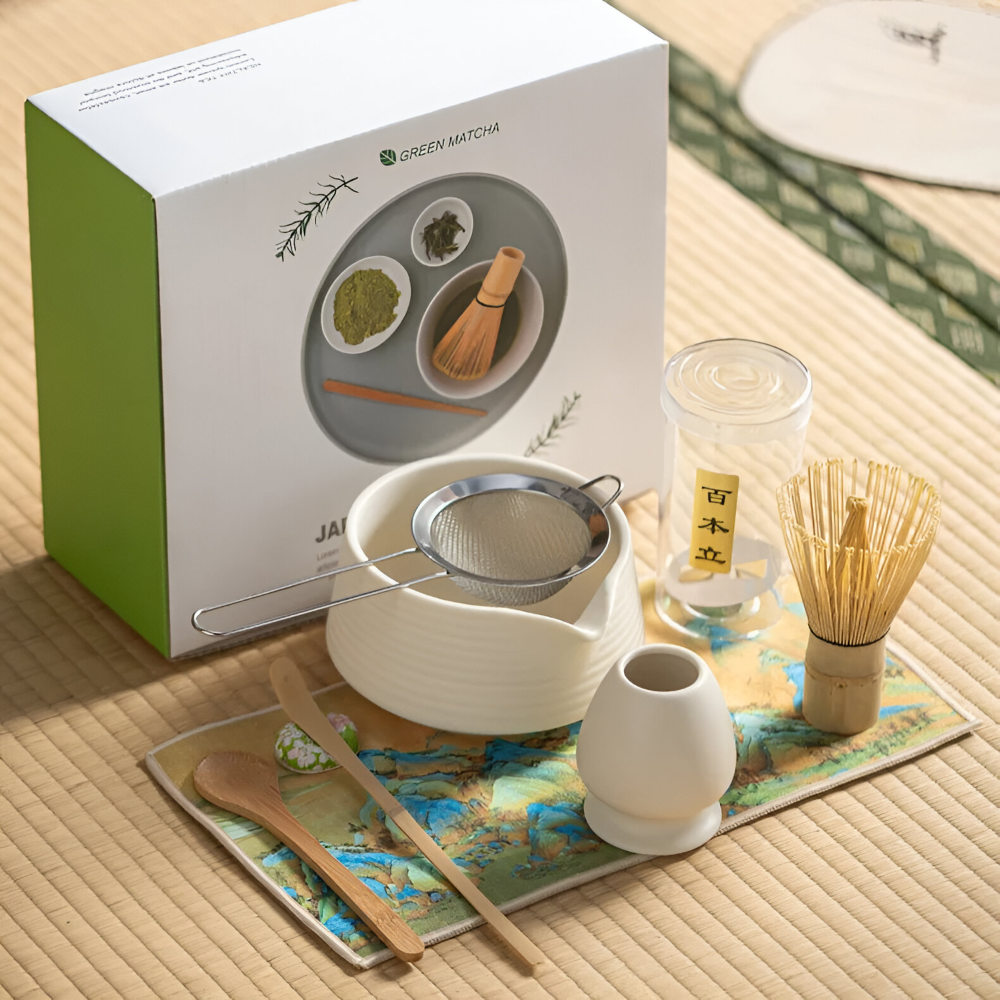 Premium Matcha Set Keramik & Bambus (8-delar) – Inkl. Skål, Visp, Sikt & Hållare