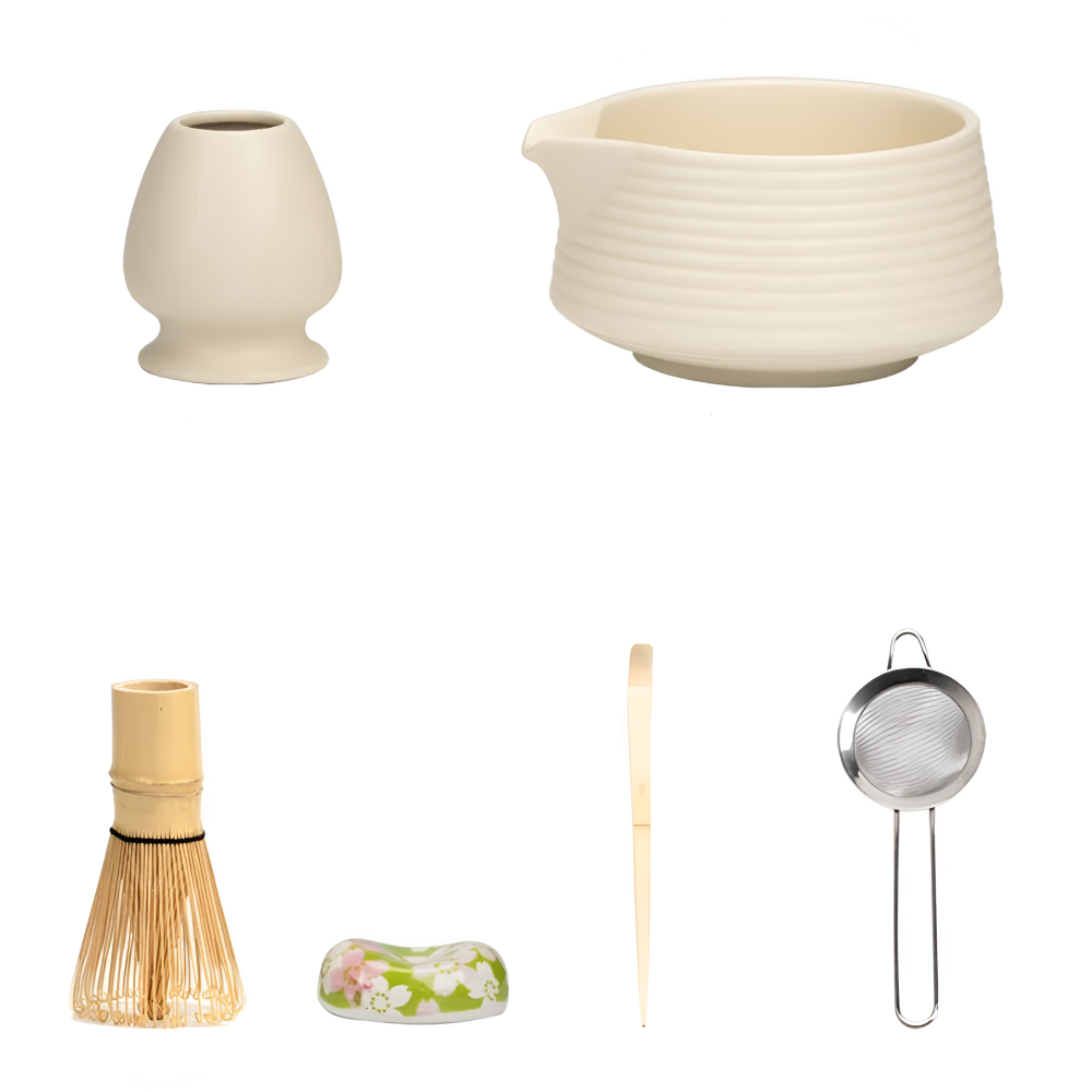 Premium Matcha Set Keramik & Bambus (8-delar) – Inkl. Skål, Visp, Sikt & Hållare