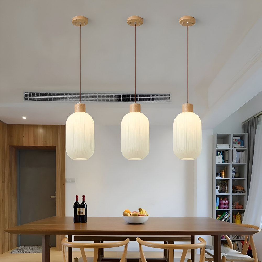 AkariLuxe Pendellampa - Elegant Japansk Mjölkvit Ribbad Glas Hänglampa