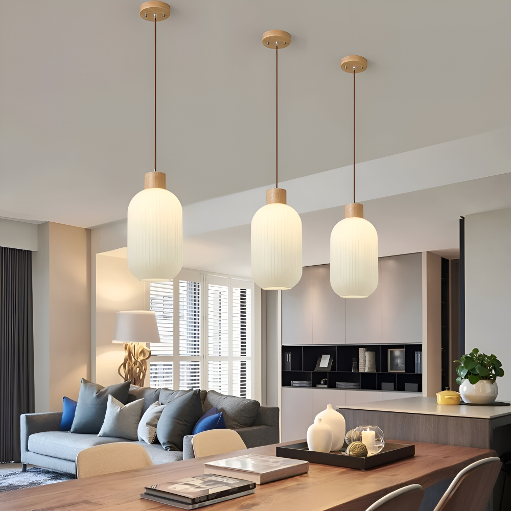 AkariLuxe Pendellampa - Elegant Japansk Mjölkvit Ribbad Glas Hänglampa