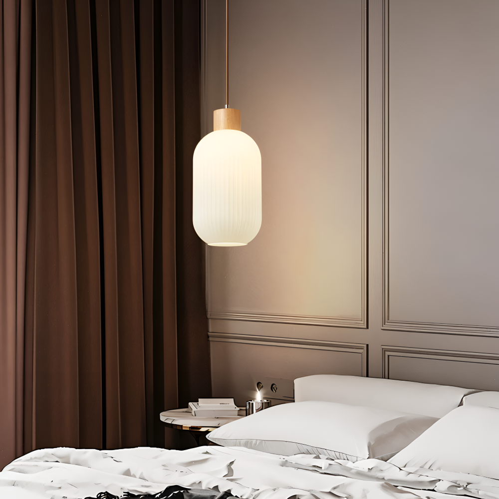 AkariLuxe Pendellampa - Elegant Japansk Mjölkvit Ribbad Glas Hänglampa