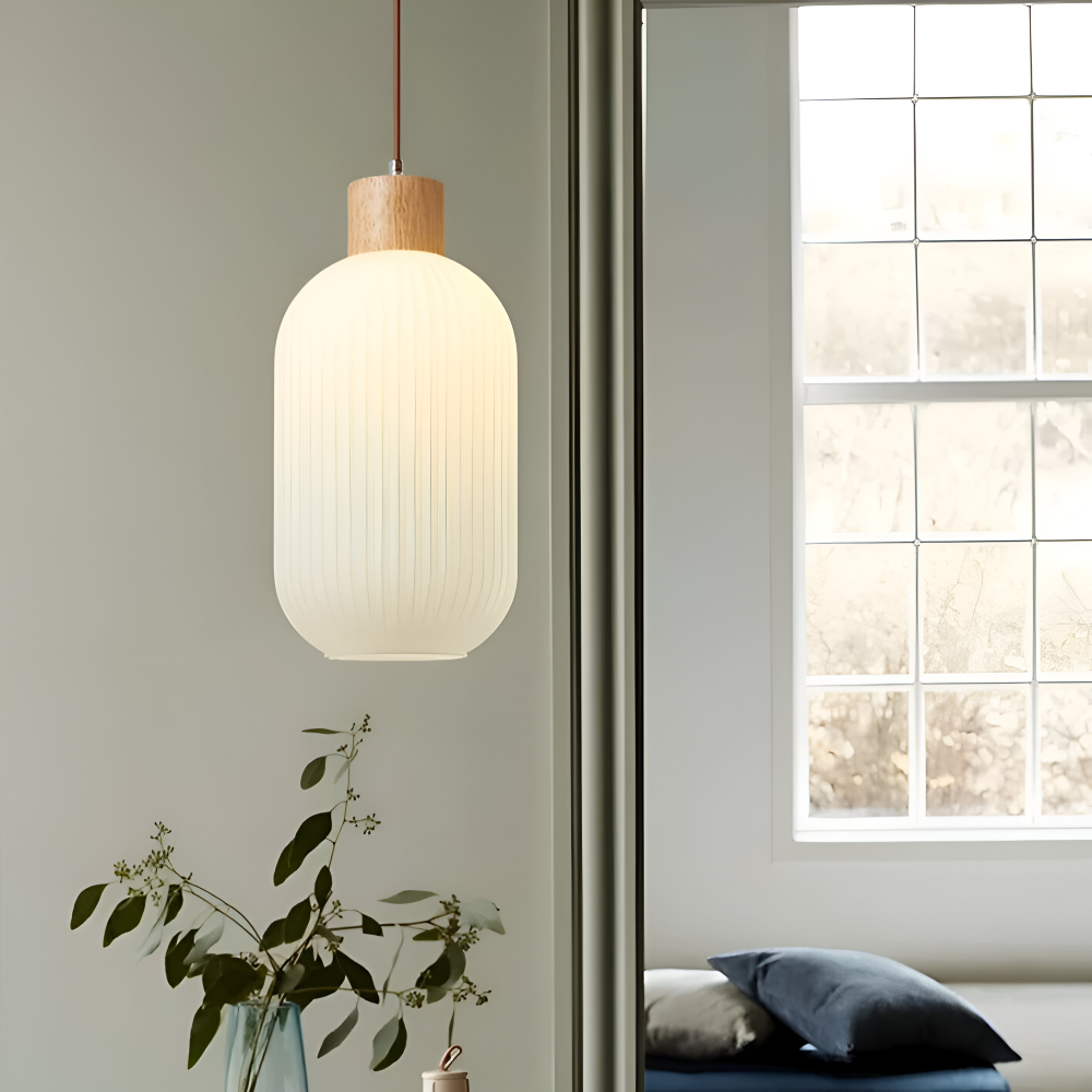 AkariLuxe Pendellampa - Elegant Japansk Mjölkvit Ribbad Glas Hänglampa
