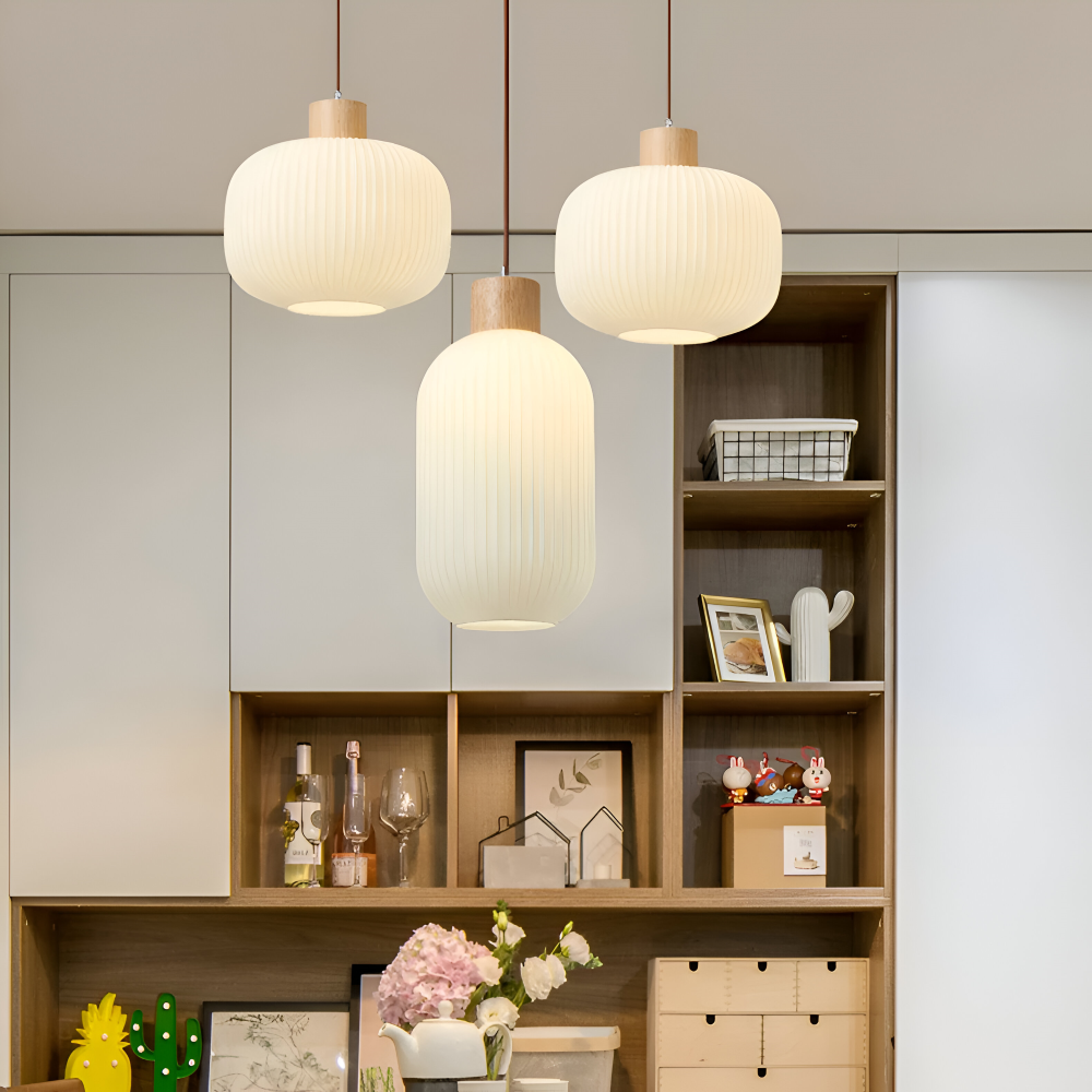 AkariLuxe Pendellampa - Elegant Japansk Mjölkvit Ribbad Glas Hänglampa