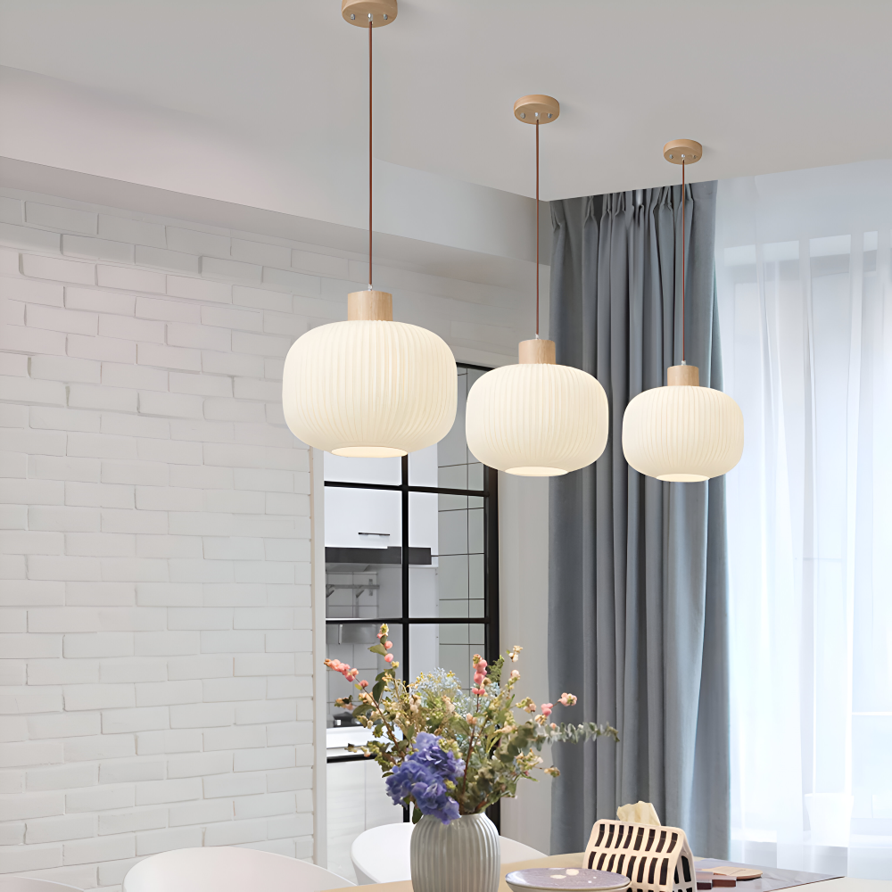 AkariLuxe Pendellampa - Elegant Japansk Mjölkvit Ribbad Glas Hänglampa