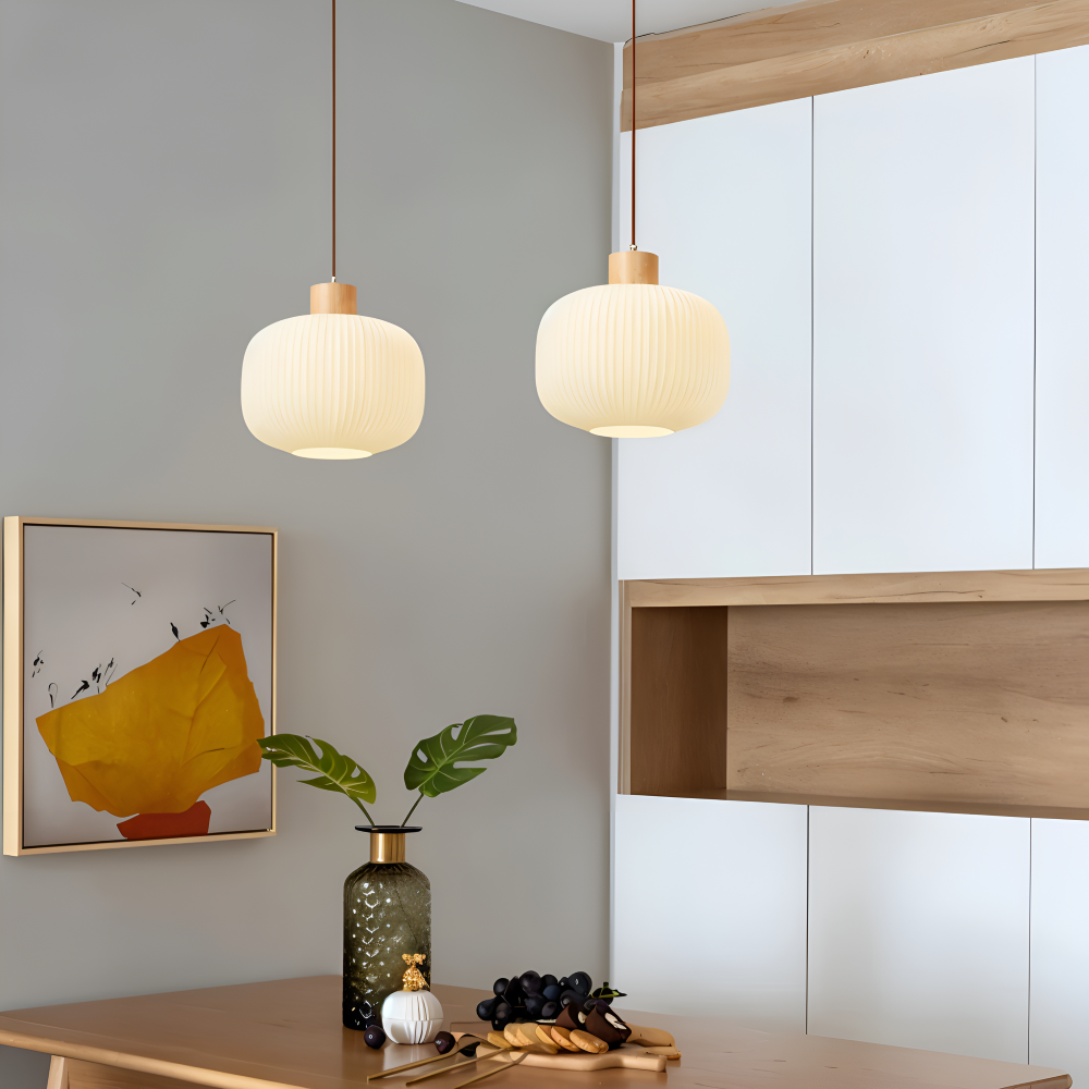 AkariLuxe Pendellampa - Elegant Japansk Mjölkvit Ribbad Glas Hänglampa