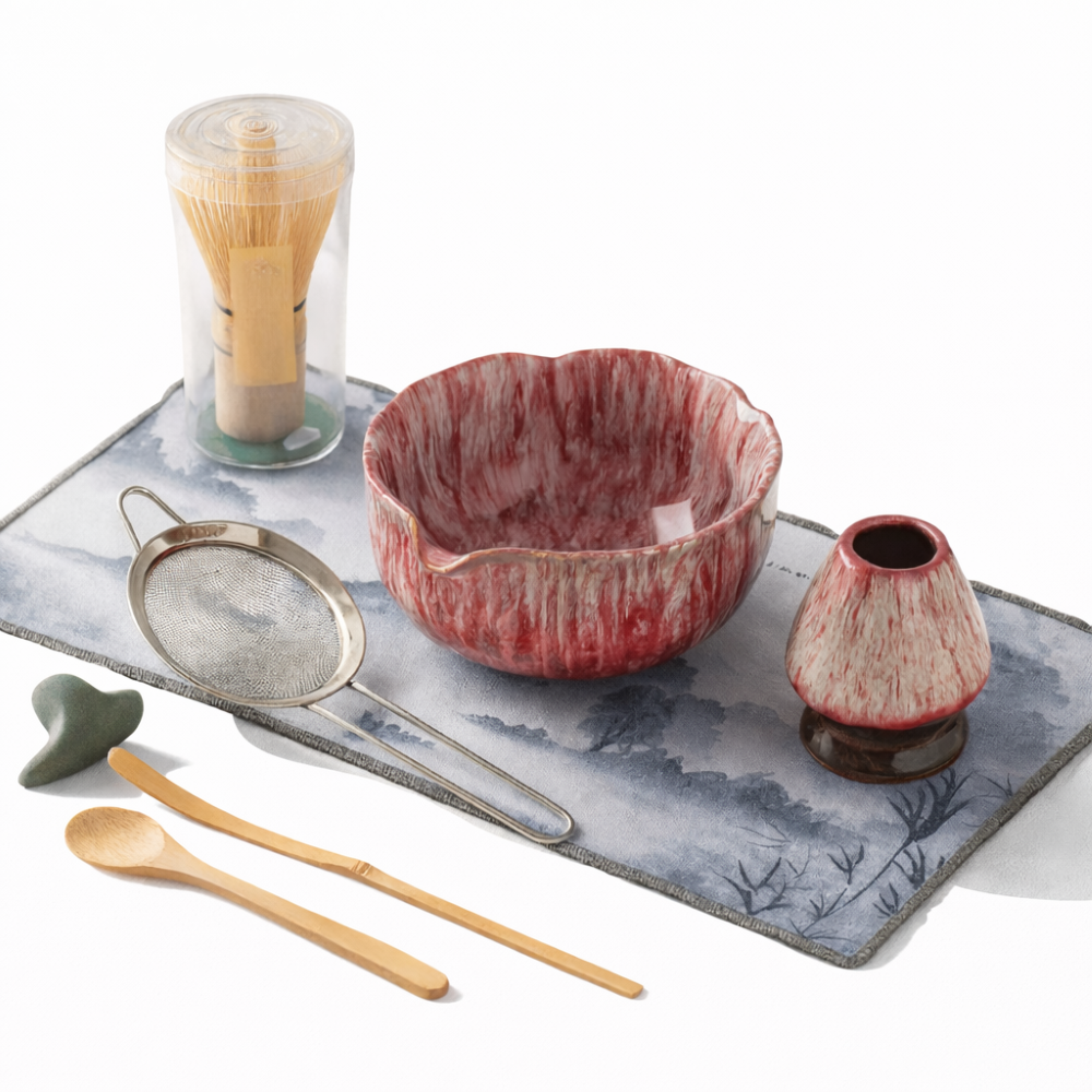 Artisan Matcha Set 8-delar – Handgjord Keramikskål (550ml), Bambusvisp & Sikt – Japanskt Teceremonigåvoset