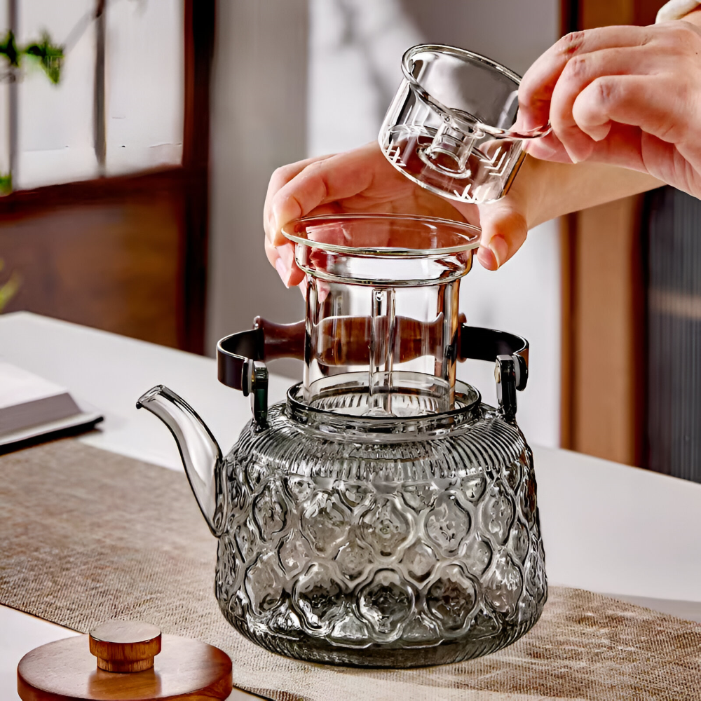 Begonia Glas-Tekanna 1000ml med Sil & Trähandtag – Värmetålig