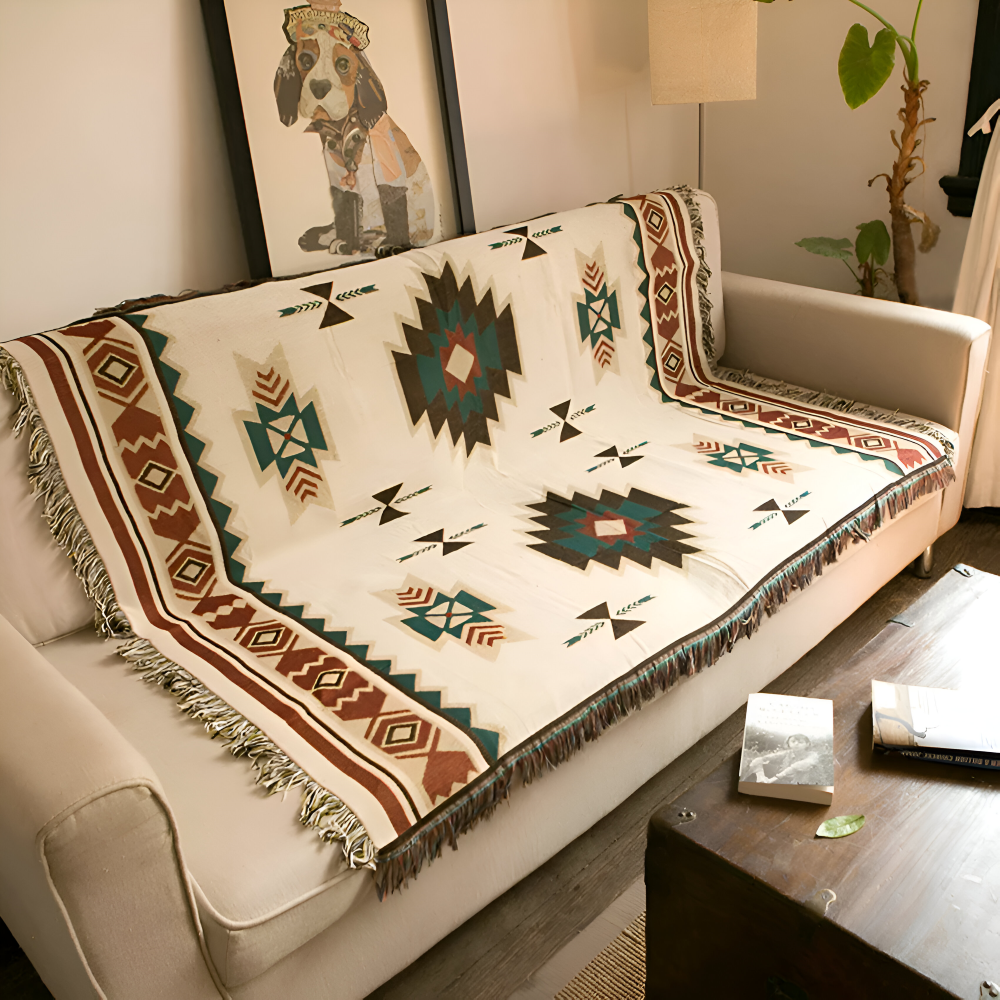 BohoFab Pläd - Lyxig Boho Filt - Geometrisk Etnisk Fransen Tapestry Pläd