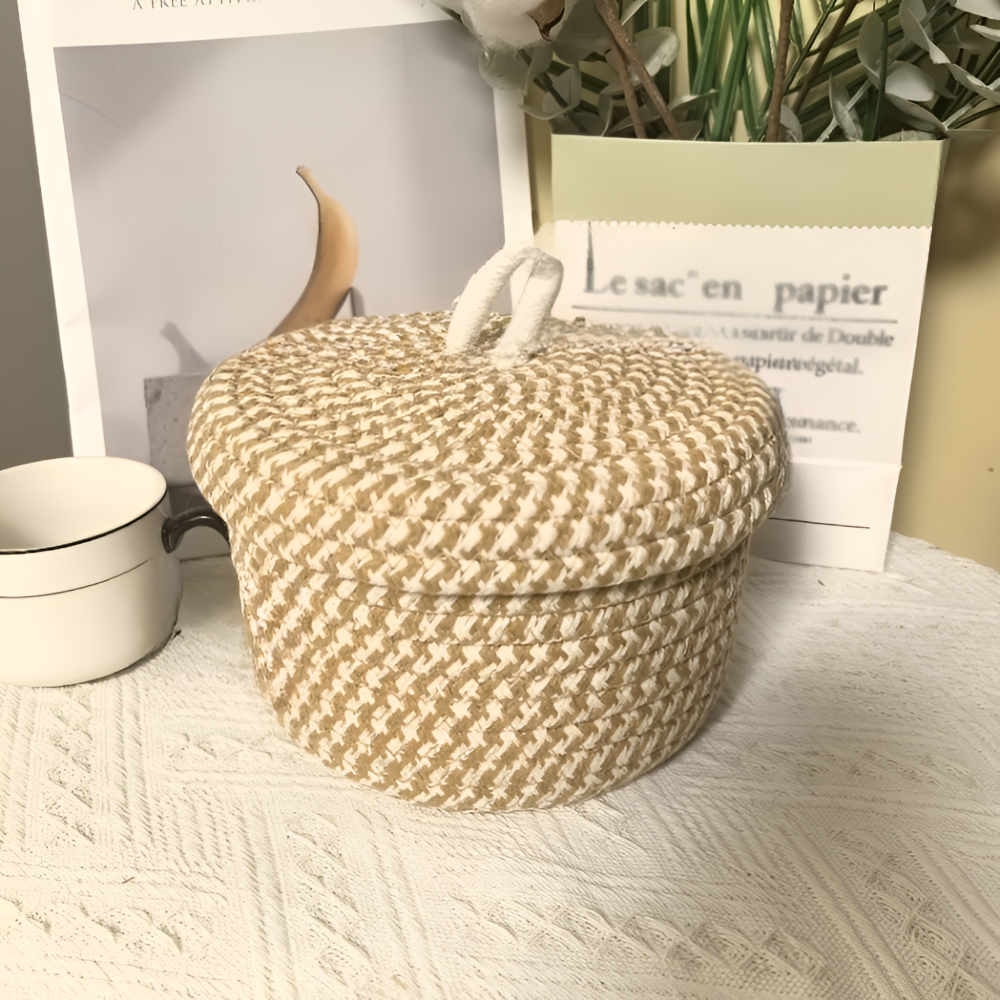 Boho Förvaringskorg med Lock – Vävda Förvaringslåda för Smycken – Rund