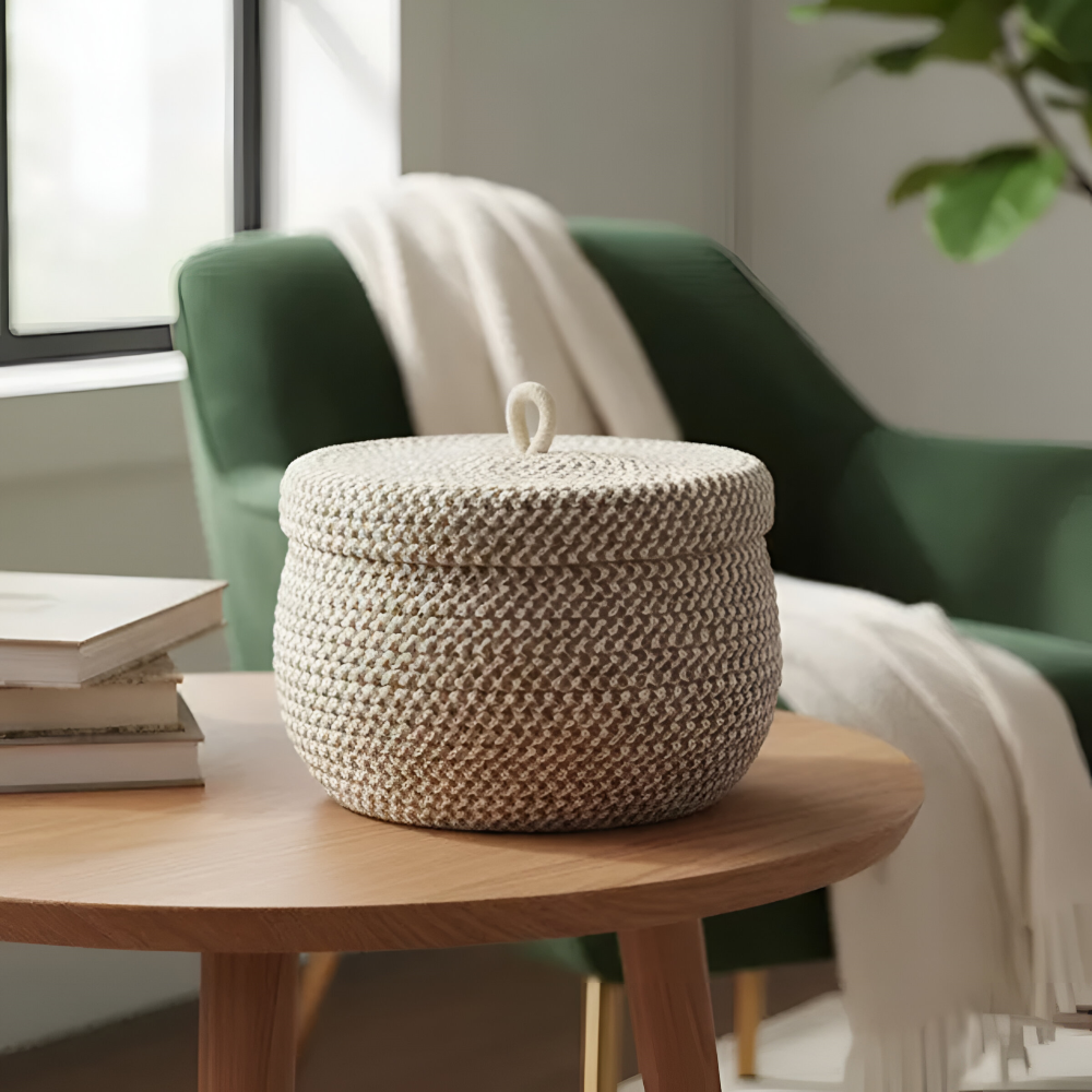 Boho Förvaringskorg med Lock – Vävda Förvaringslåda för Smycken – Rund