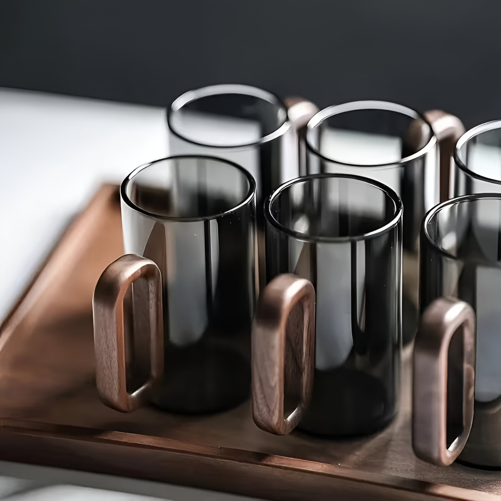 Set med 6 delar Borosilikatglas Muggar med Trähandtag (350ml) – Värmebeständiga