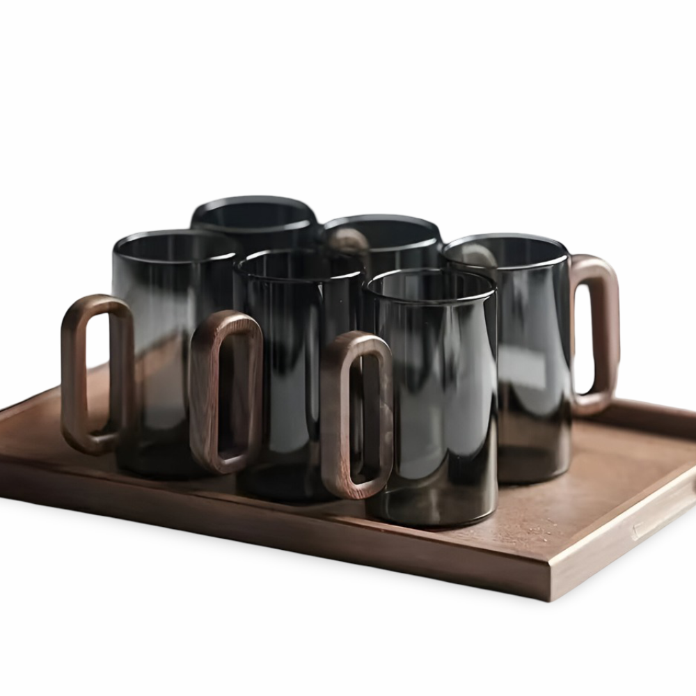 Set med 6 delar Borosilikatglas Muggar med Trähandtag (350ml) – Värmebeständiga