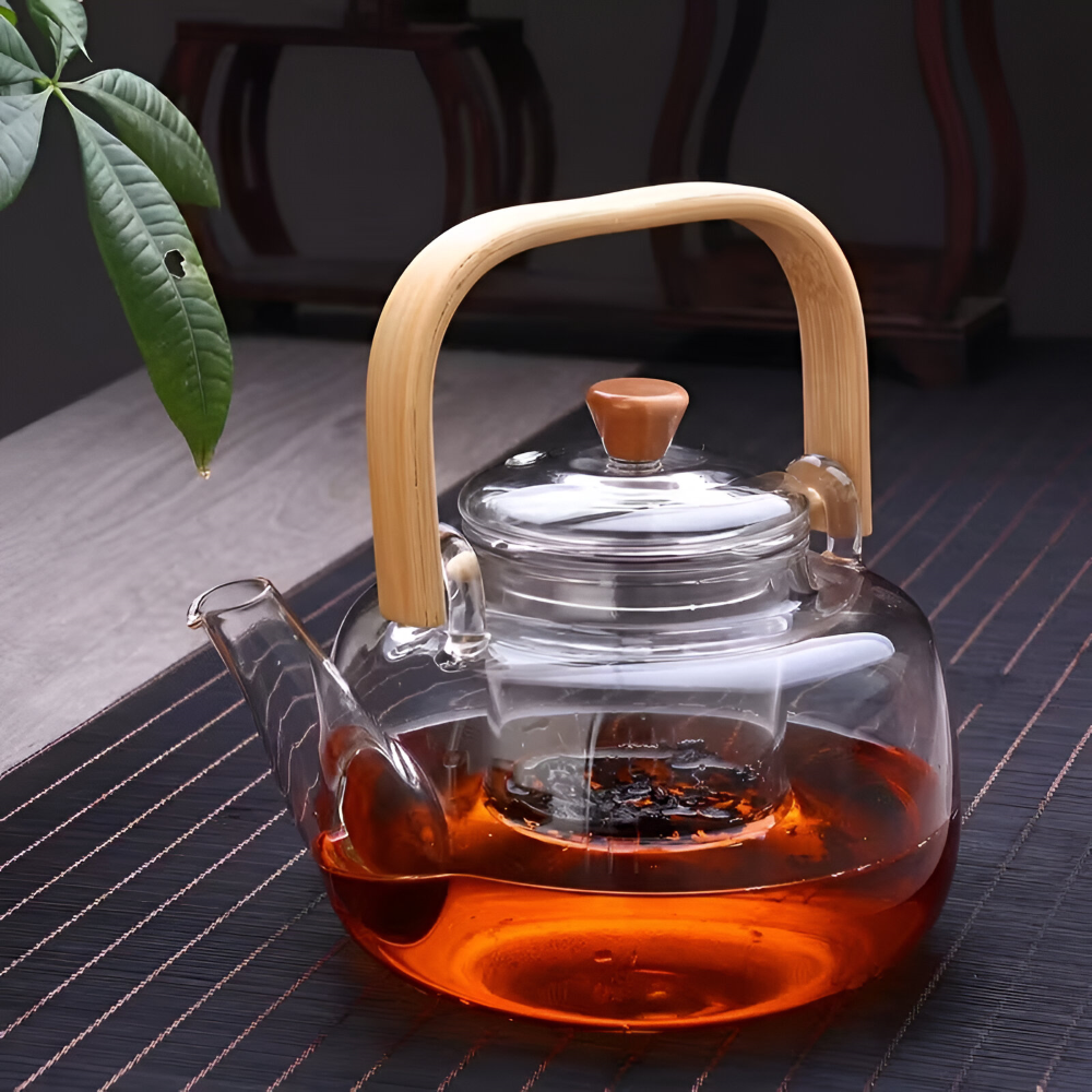 Borosilikatglas Tekanna 900 ml – Värmebeständig med Bambuhandtag & Tesil
