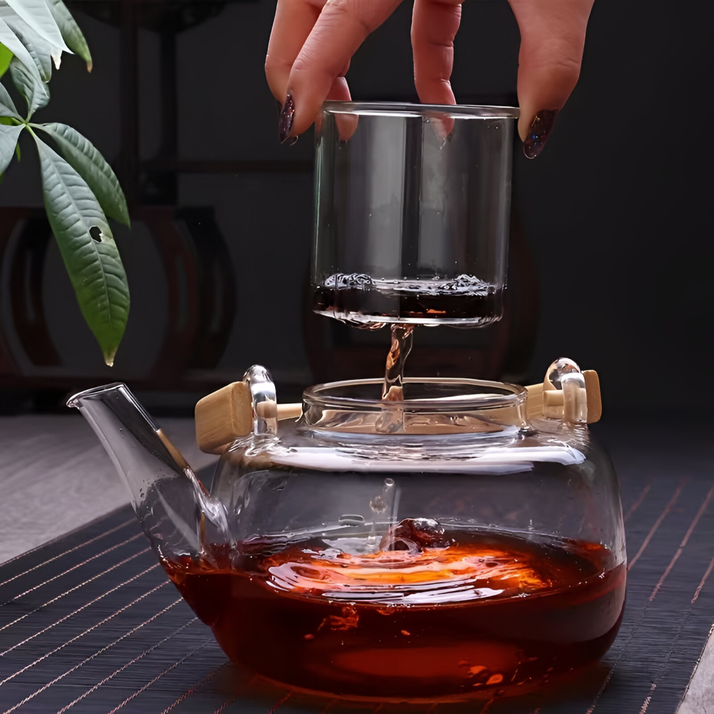 Borosilikatglas Tekanna 900 ml – Värmebeständig med Bambuhandtag & Tesil