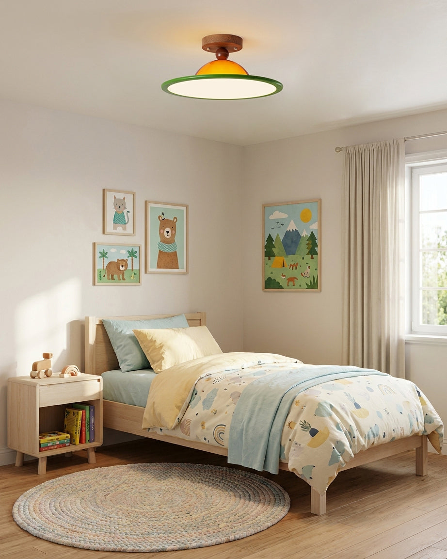 Modern taklampa i valnöt med integrerad LED monterad i takmiljö